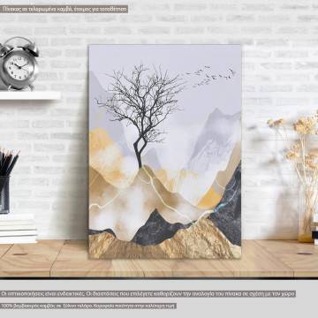 Canvas print Lone tree with flying birds, vertical