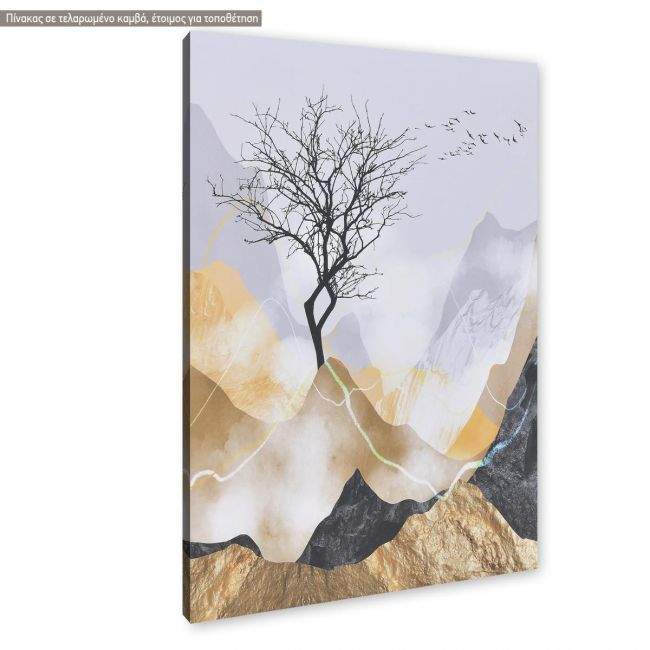 Canvas print Lone tree with flying birds, vertical