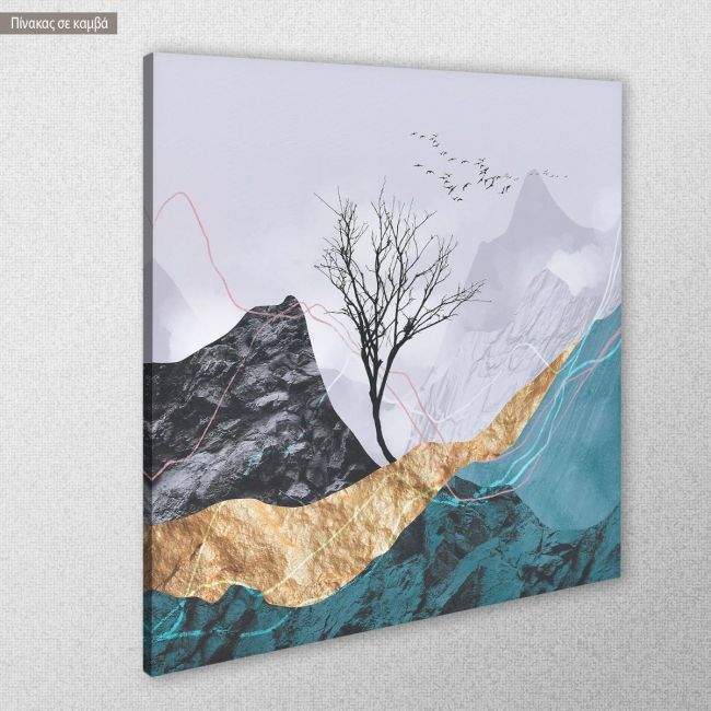 Πίνακας σε καμβά, Lone tree with flying birds I, τετράγωνος, κοντινό