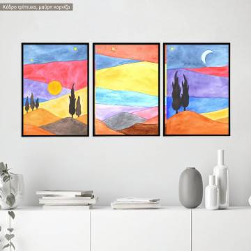 Simple landscape painting, three panels poster