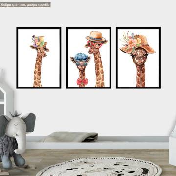 Giraffe Portraits, κάδρο, μαύρη κορνίζα, τρίπτυχη