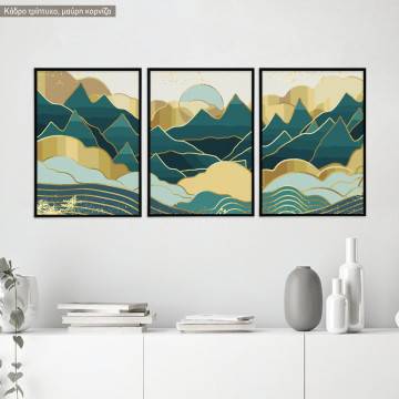 Vector scenery with gold lines, three panels poster