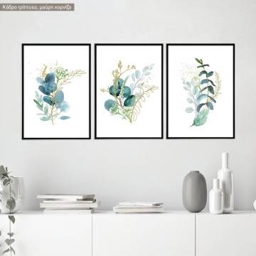Watercoloured leaves bouquet, κάδρο, μαύρη κορνίζα τρίπτυχο