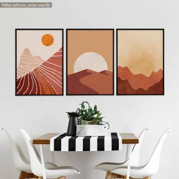 Sun above desert mountains, three panels poster