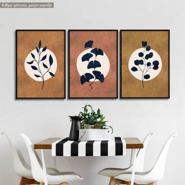 Dark blue leaves on brown, three panels poster