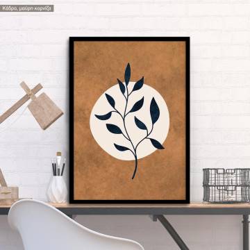 Dark blue leaves on brown I, poster