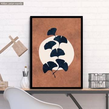 Dark blue leaves on brown II, κάδρο, μαύρη κορνίζα