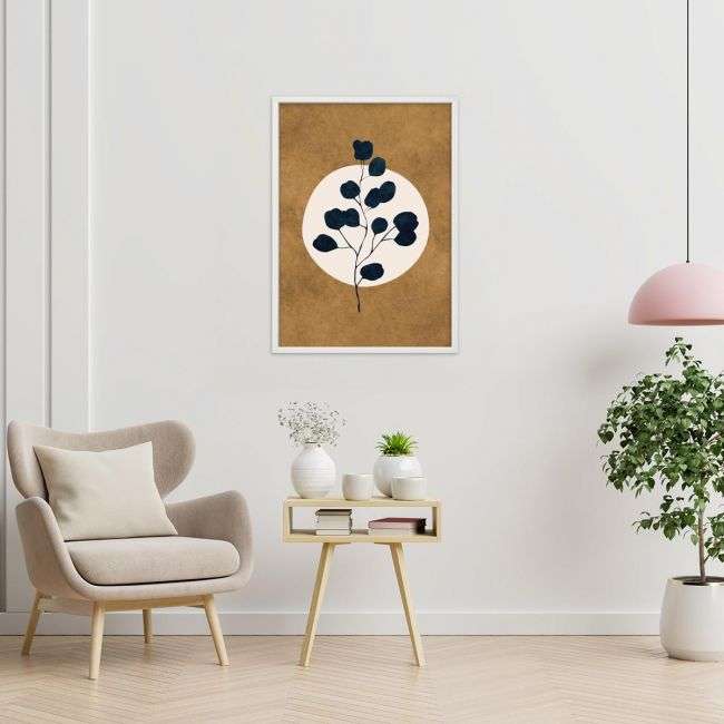 Dark blue leaves on brown III, poster