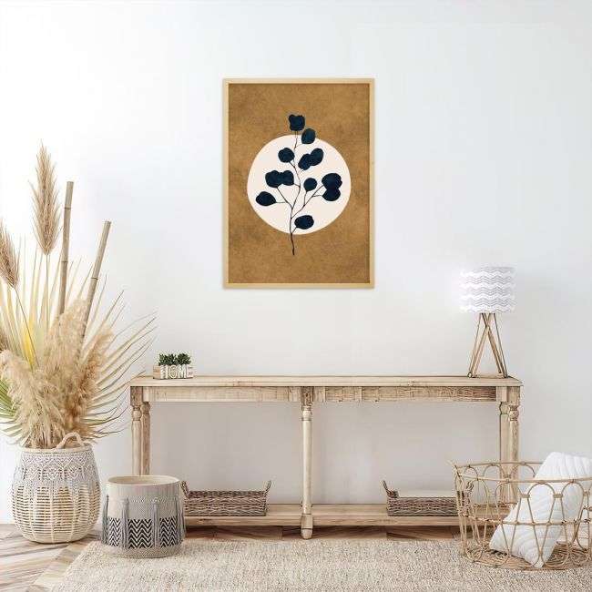 Dark blue leaves on brown III, poster