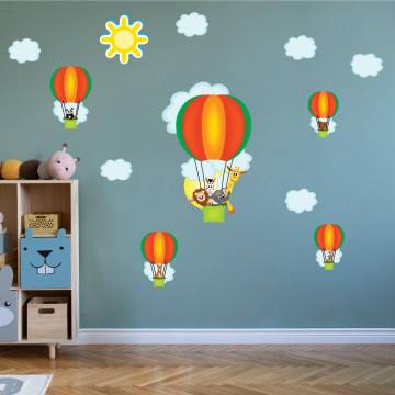 Αυτοκόλλητο τοίχου αερόστατα, ζωάκια, Βόλτα με αερόστατο (πράσινο)