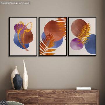Abstract flowers on dark gold I, three panels poster