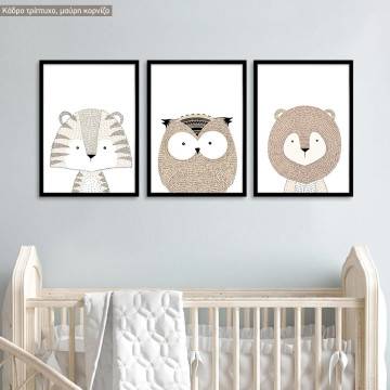 Drawn animals, poster 3 panels