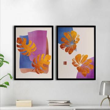 Abstract flowers on dark gold II, three panels poster