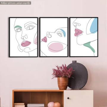 Continuous line contemporary art, woman face I, κάδρο, μαύρη κορνίζα τρίπτυχο