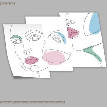 Continuous line contemporary art, woman face I, κάδρο, μαύρη κορνίζα τρίπτυχο 2