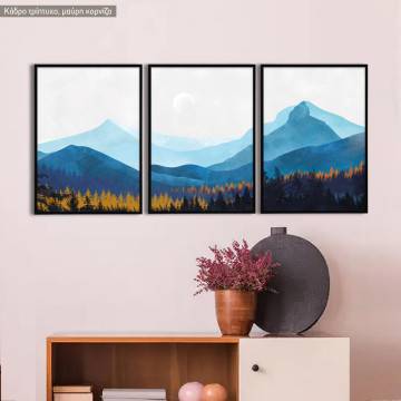Bluish Mountain scenery, three panels poster