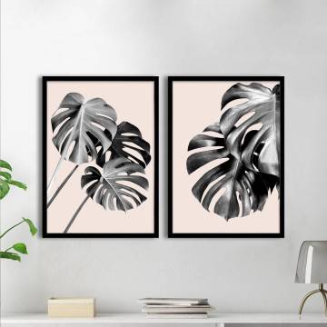 Palm leaves on pale pink, poster, two panels