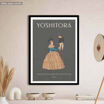 American woman with child on stilts, Yoshitora, poster