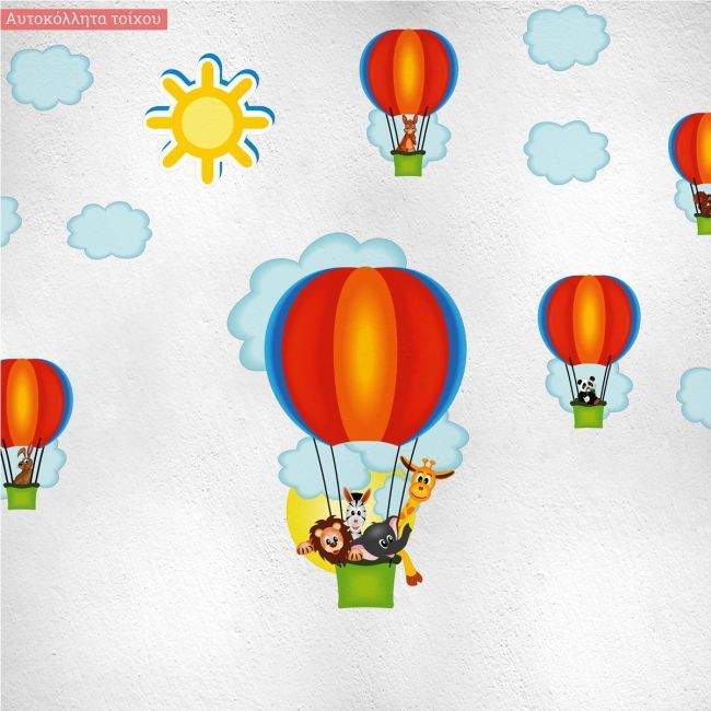 Kids wall stickers Hot air balloons, animals (light blue)