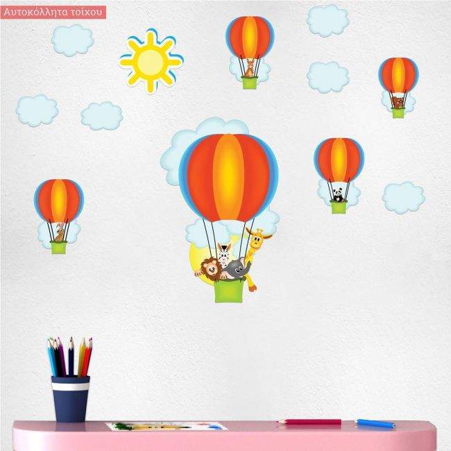 Kids wall stickers Hot air balloons, animals (light blue)