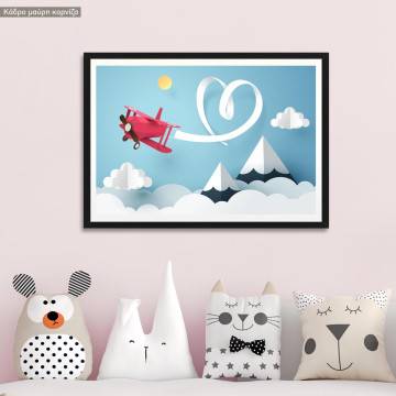 Red plane flying in the sky, poster