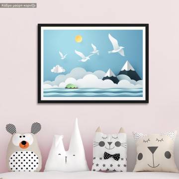 Paper art seagull , poster