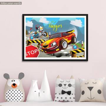 Speeding car with name, poster