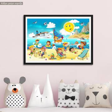 Kids playing at the beach , poster