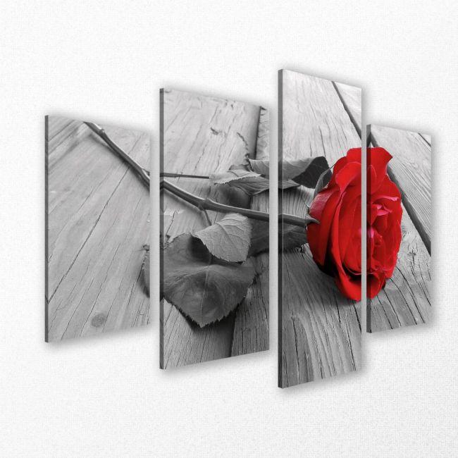 Πίνακας σε καμβά Τριαντάφυλλο, Rose on wood, τετράπτυχος ασύμμετρος, κοντινό