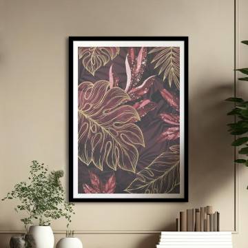 Leaves in red with gold details, poster