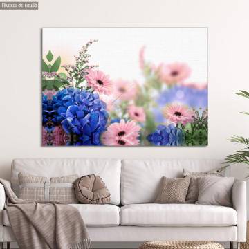 Canvas print Blue hortensias and pink margaritas