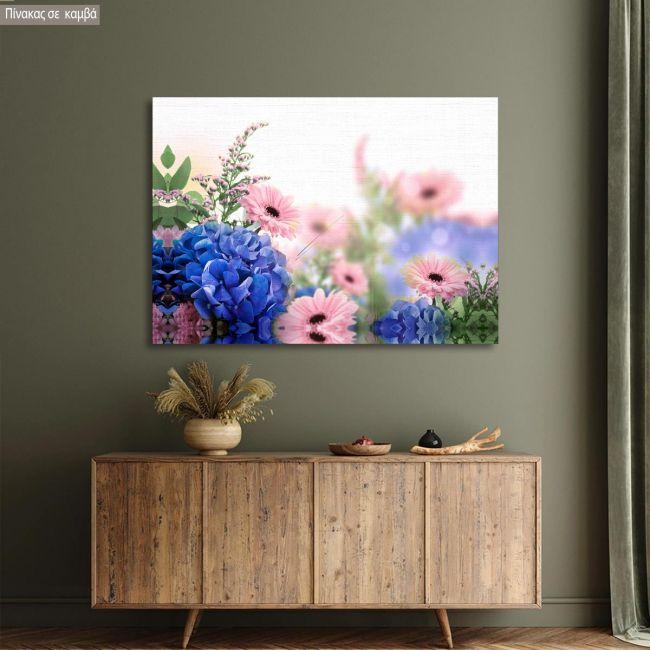 Canvas print Blue hortensias and pink margaritas