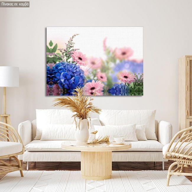 Canvas print Blue hortensias and pink margaritas