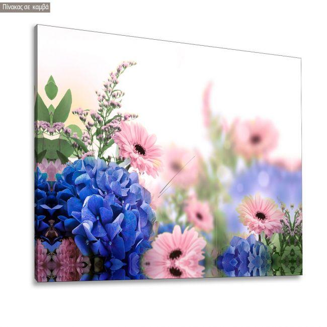 Canvas print Blue hortensias and pink margaritas