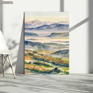 Canvas print Hills and river in the mist