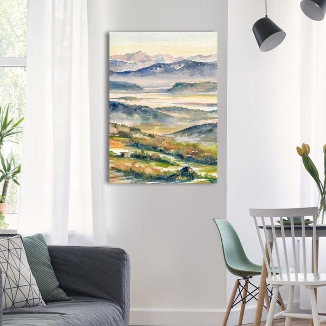 Canvas print Hills and river in the mist