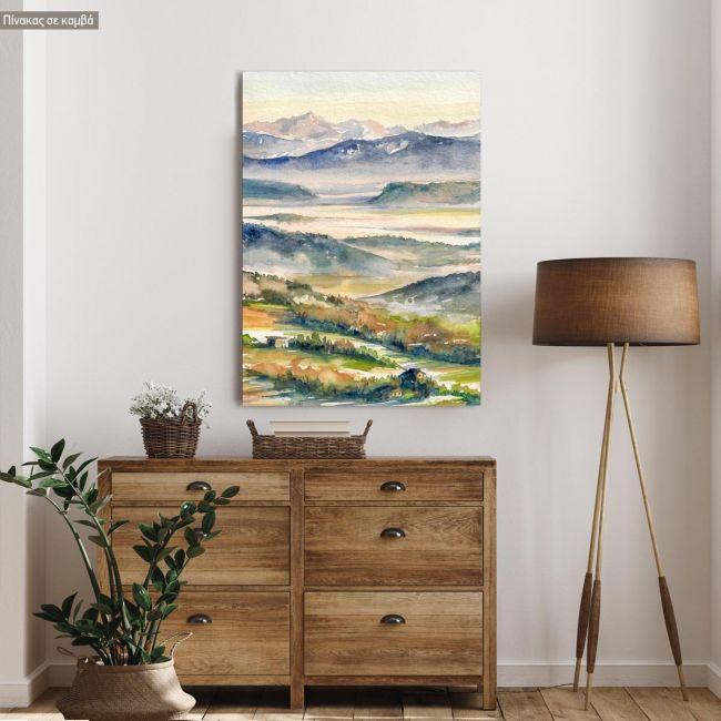 Canvas print Hills and river in the mist