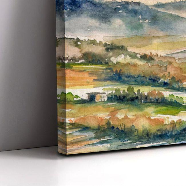 Canvas print Hills and river in the mist