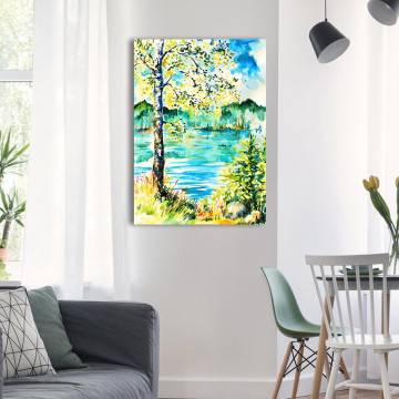 Πίνακας σε καμβά Δέντρο σε λίμνη Birch on the shore of lake Όψη 1 2