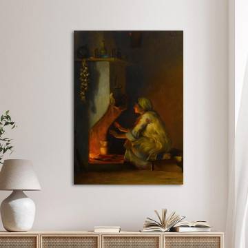 Πίνακας ζωγραφικής Νεαρό κορίτσι δίπλα από τη φωτιά, Ράλλης