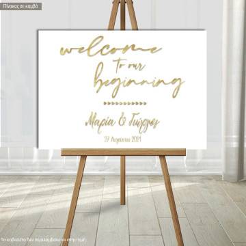 Canvas print Wedding decoration , Welcome to our beginning, gold signature