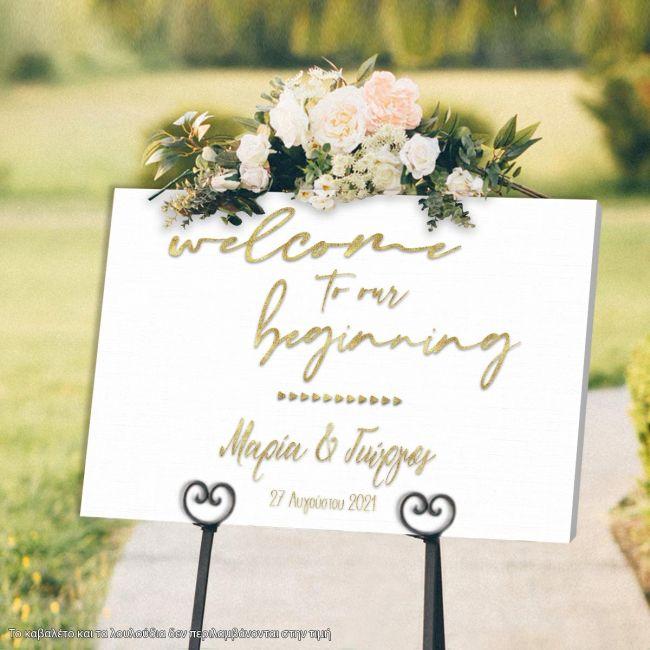 Canvas print Wedding decoration , Welcome to our beginning, gold signature