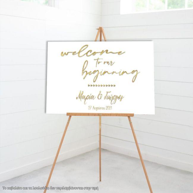 Canvas print Wedding decoration , Welcome to our beginning, gold signature