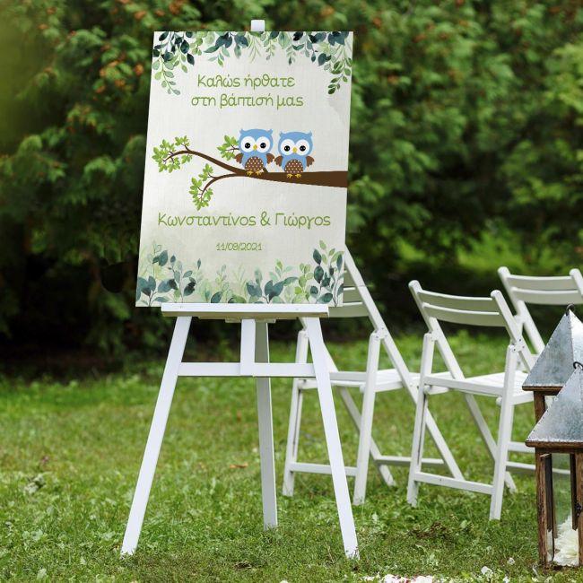 Πίνακας σε καμβά Καλώς ήρθατε στη βάπτιση μας, δίδυμα κουκουβάγιες