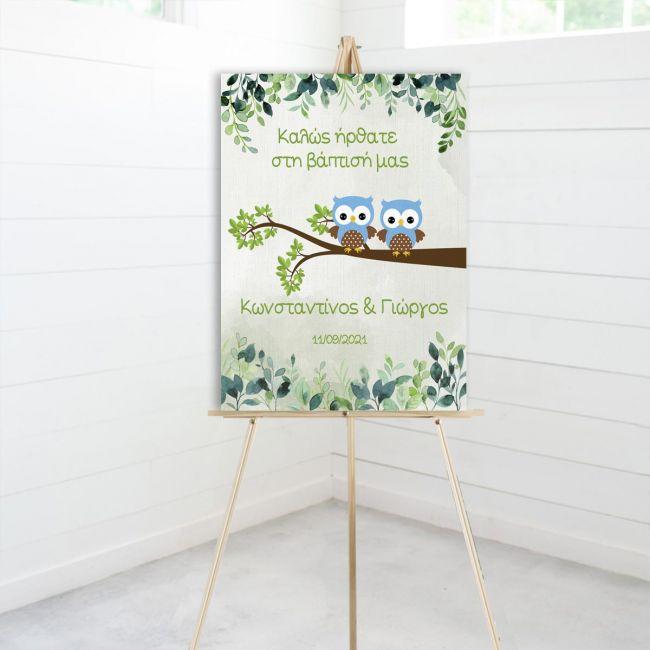Πίνακας σε καμβά Καλώς ήρθατε στη βάπτιση μας, δίδυμα κουκουβάγιες