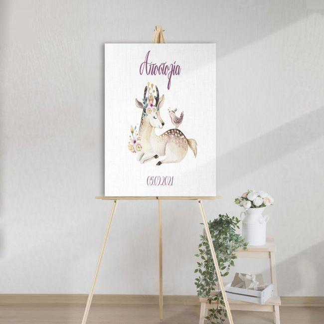 Πίνακας σε καμβά βάπτισης,Ελαφάκι boho καθιστό