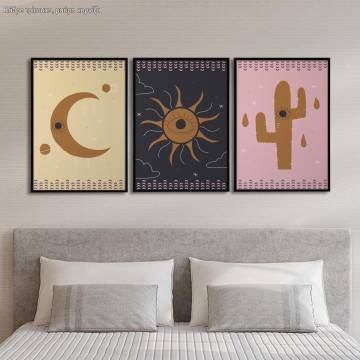 Boho moon Sun and Cactus, three panels poster