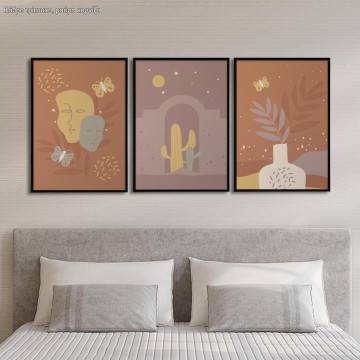 Boho Masks Cactus and Flowers, three panels poster