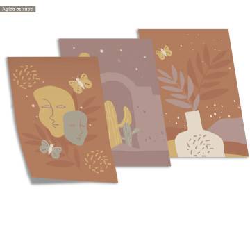 Boho Masks Cactus and Flowers, three panels poster 2