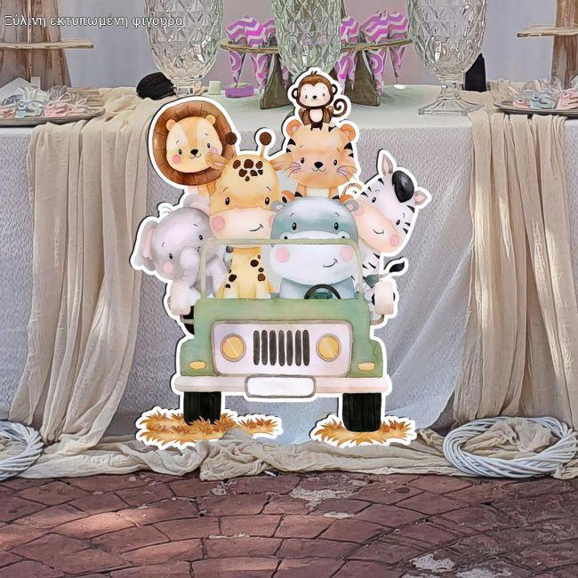 Wooden figure printed Cute little animals driving a car